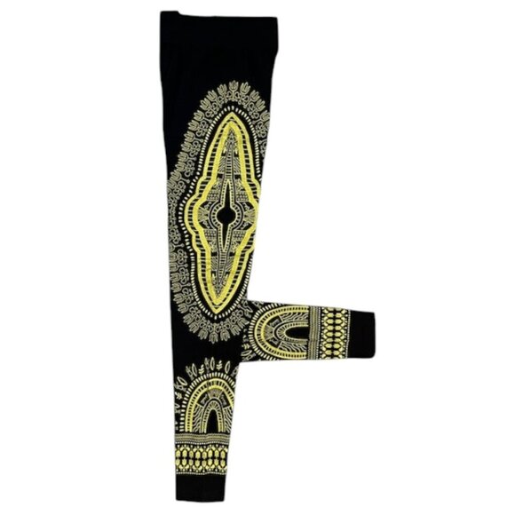 Black Leggings with Yellow African Aztec TATTOO Print Athletic Stretch One Size - Picture 6 of 7